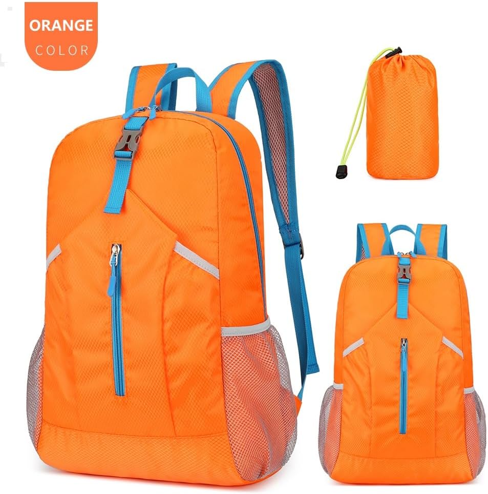 25L Hiking-Backpack Foldable-Sports Daypack-Camping Collapsible Day Bag Water Resistant Lightweight Travel Men Women (Orange)