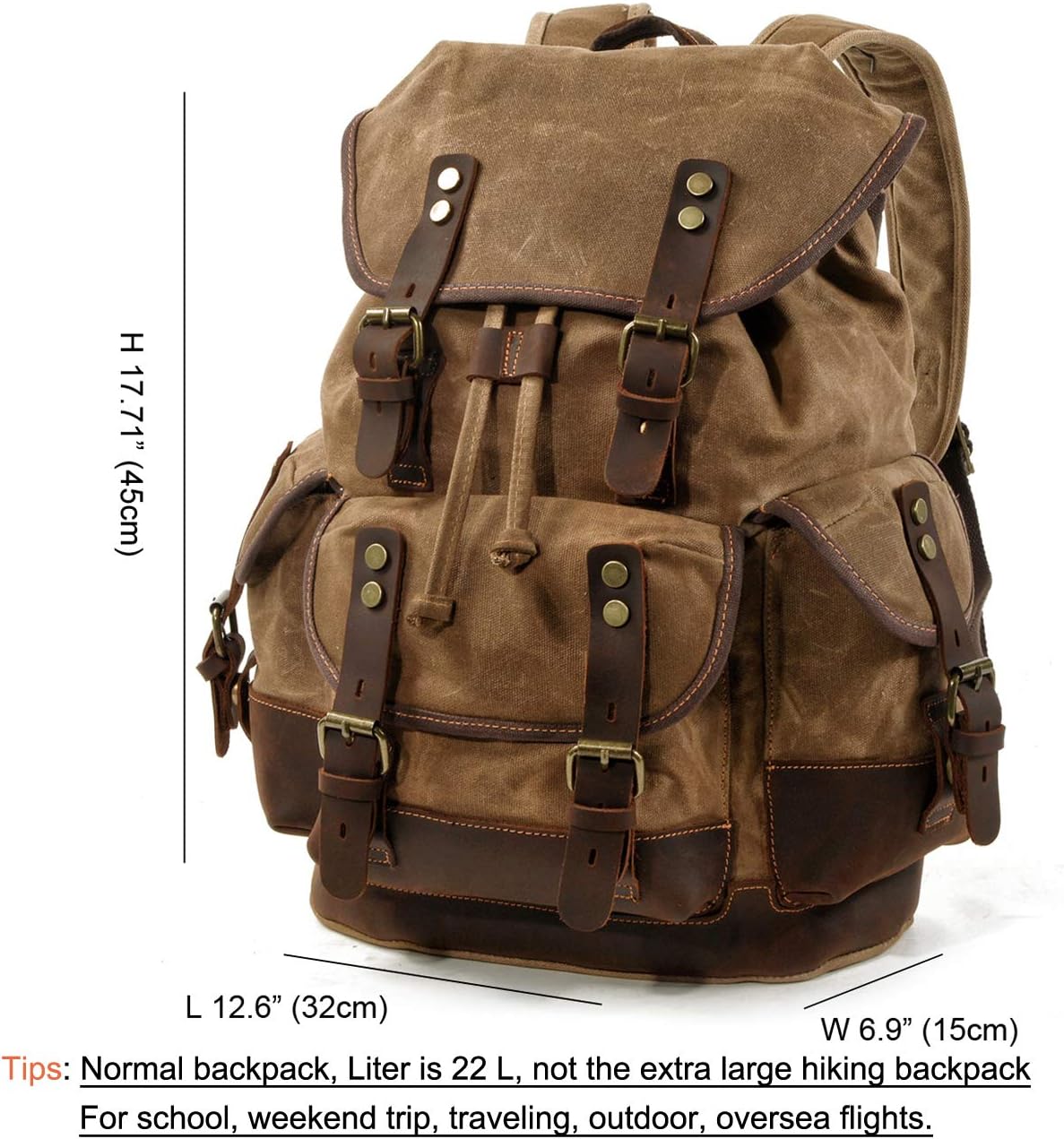 Men Travel Backpack, Genuine Leather-Waxed Canvas Shoulder Hiking Rucksack